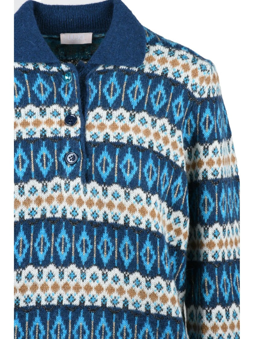 Liu Jo Patterned Knit Polo In Light Blue Alpaca Blend