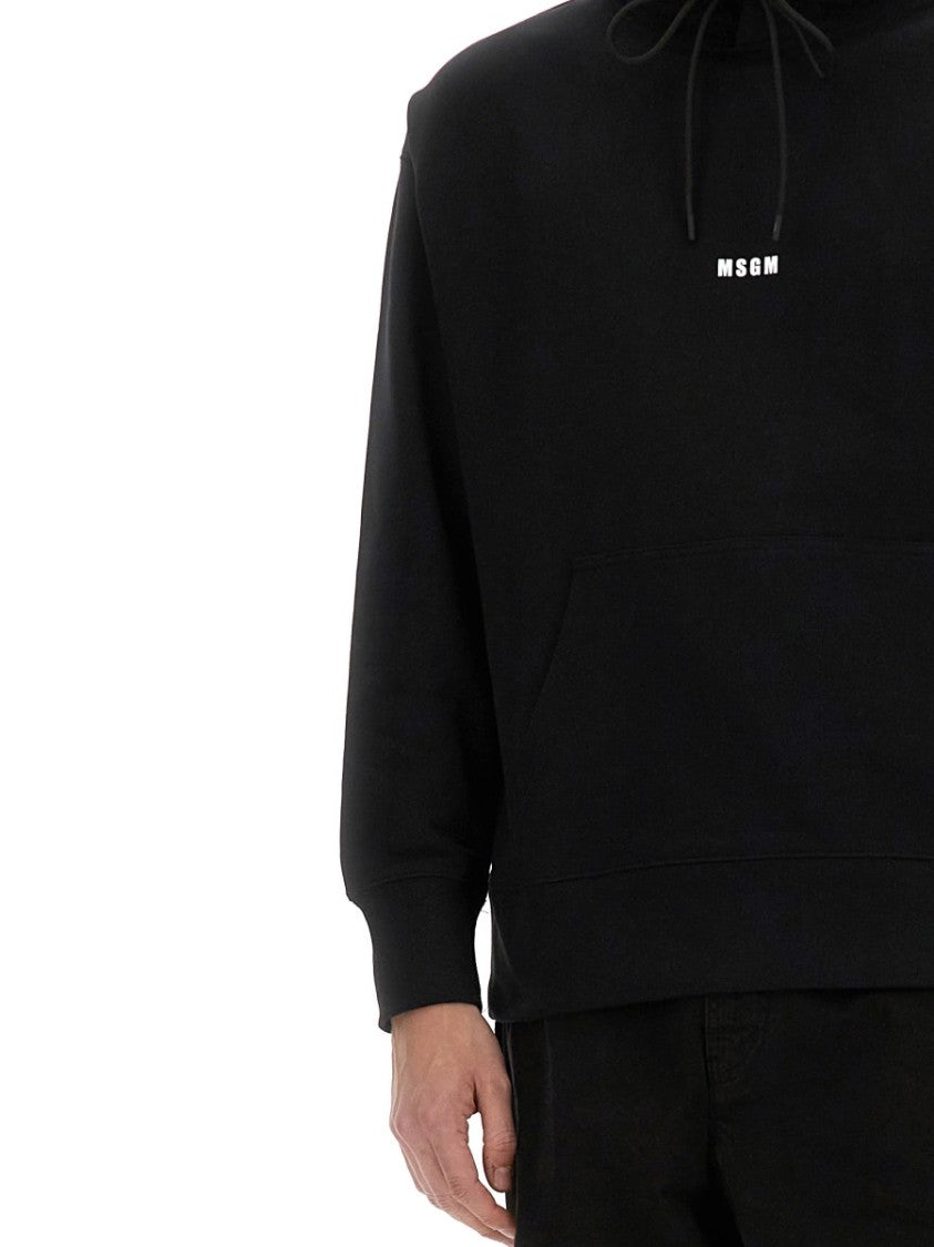Msgm Black Hoodie With Adjustable Drawstring And Subtle Logo
