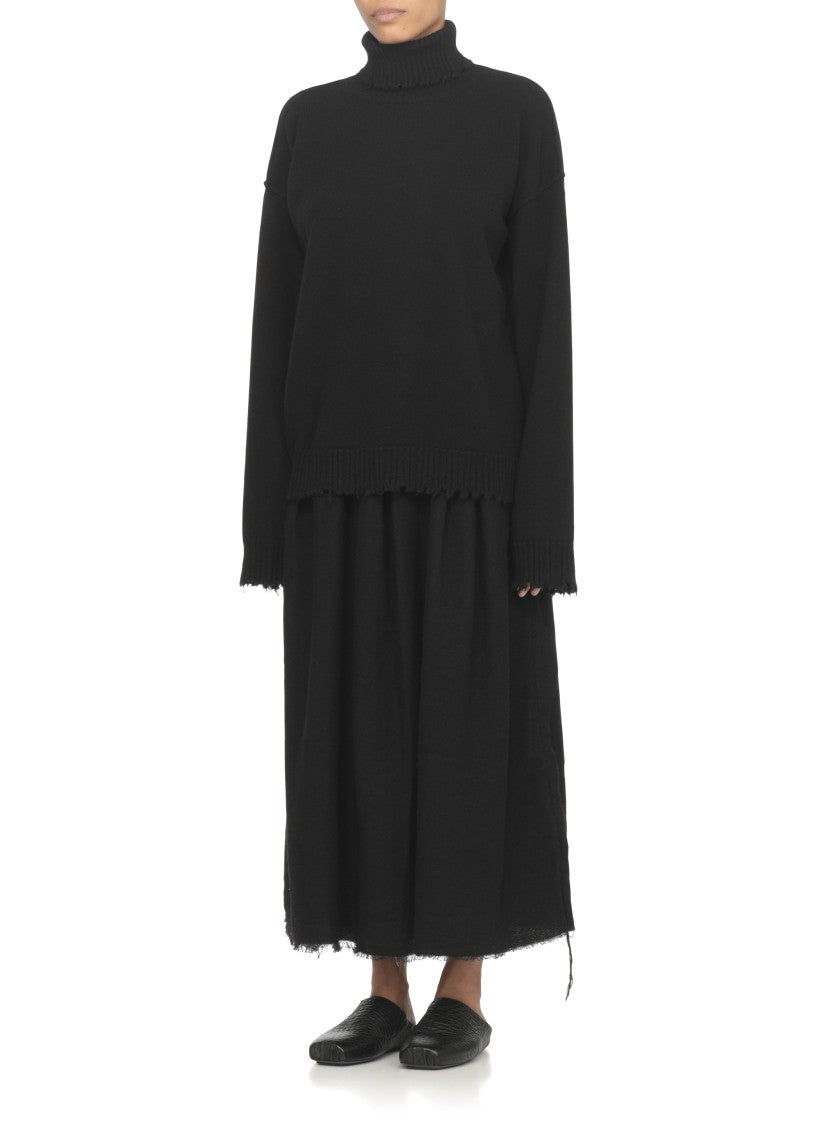 Uma Wang High Neck Black Cashmere Sweater With Ribbed Trims