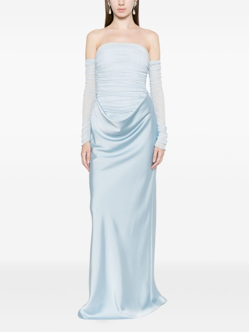 Rotate Strapless Evening Dress With Ruched Detailing And Sheer Mesh Sleeves