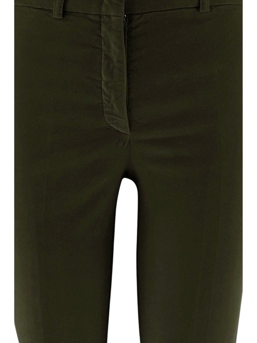 Ql2 Flared Dark Green Stretch Cotton Velvet Pants With Tailored Silhouette