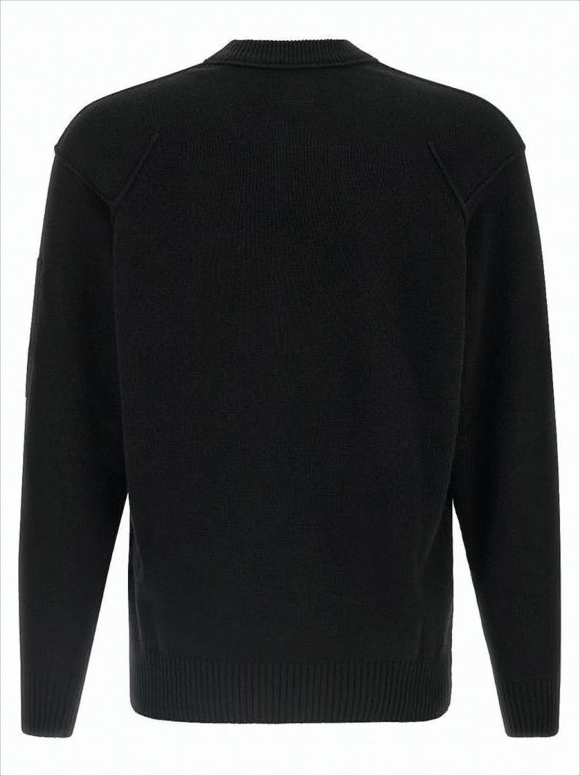 C.P. Company Minimalist Black Crew Neck Sweater With Subtle Logo Patch