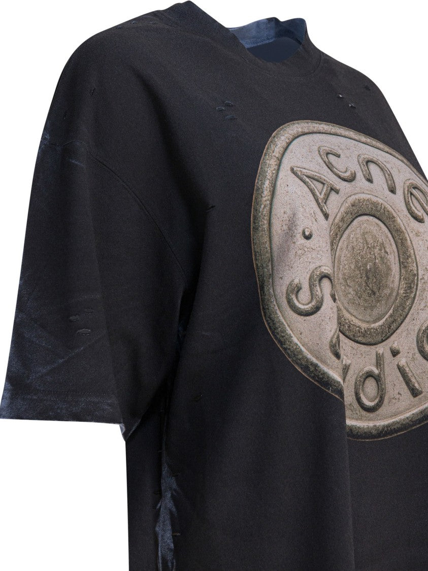 Acne Studios Distressed Black Oversized T-Shirt With Circular Emblem