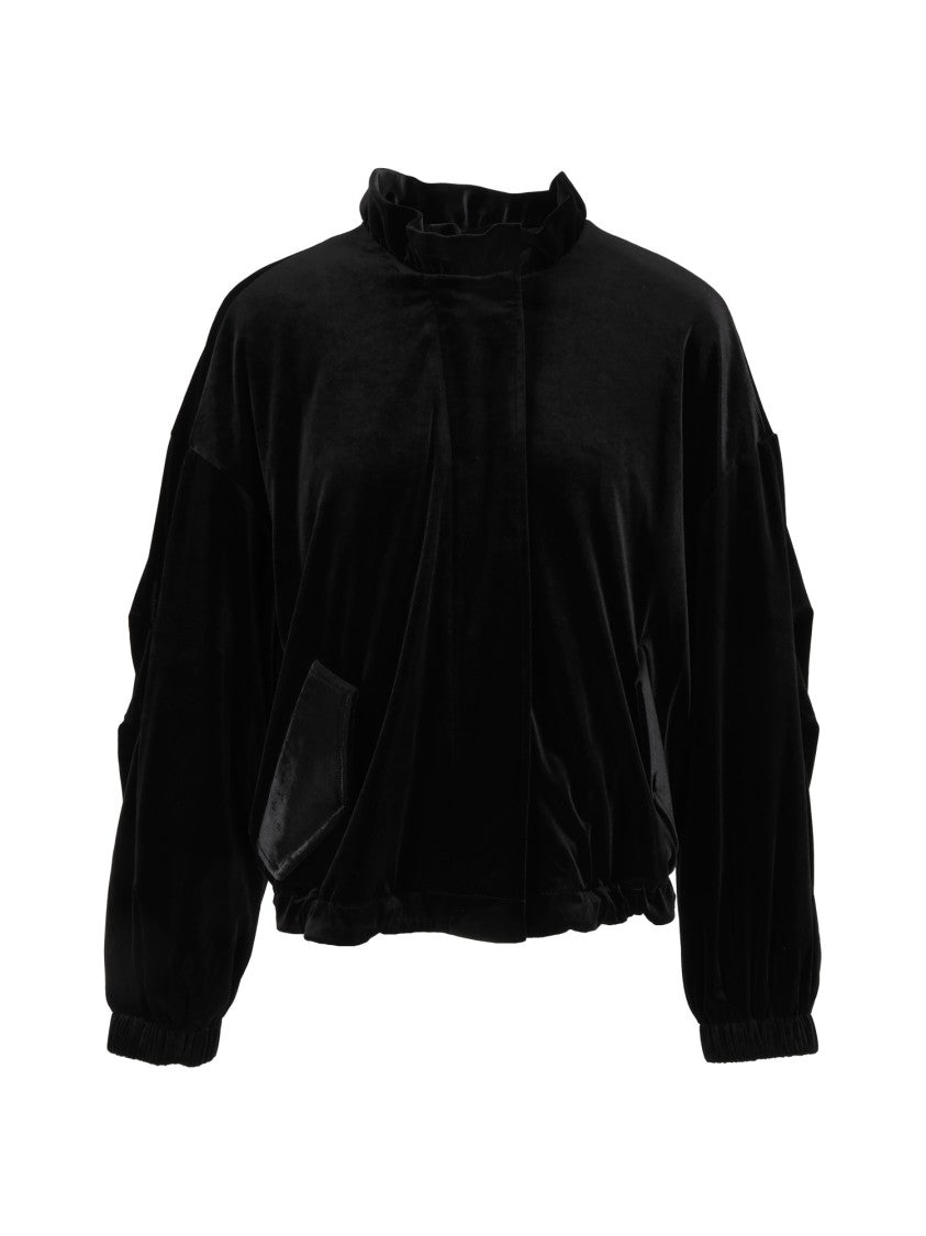 Emporio Armani Black Ruffled Collar Elasticated Hem Velvet Blouson Jacket