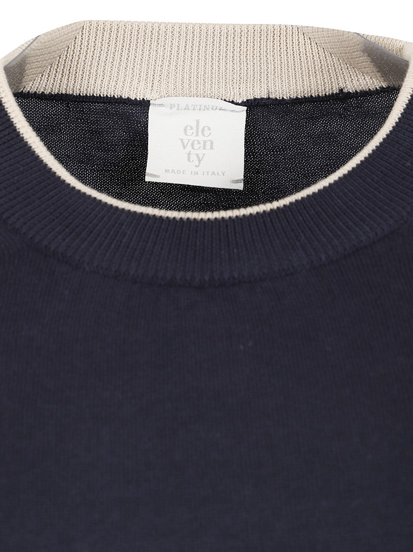 Eleventy Minimal Blue Cotton Crew Neck Sweater With Contrasting Trim