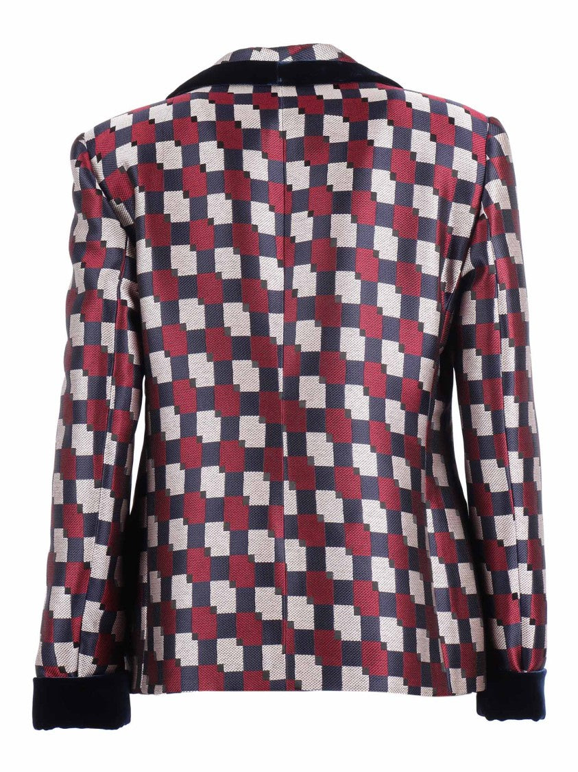 Emporio Armani Geometric Checkered Blazer With Velvet Trim