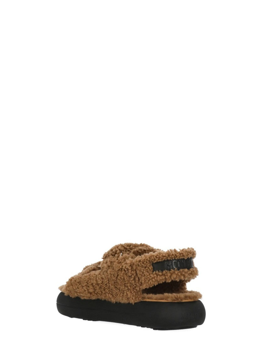 Moon Boot Brown Velcro Strap Shearling Sandals
