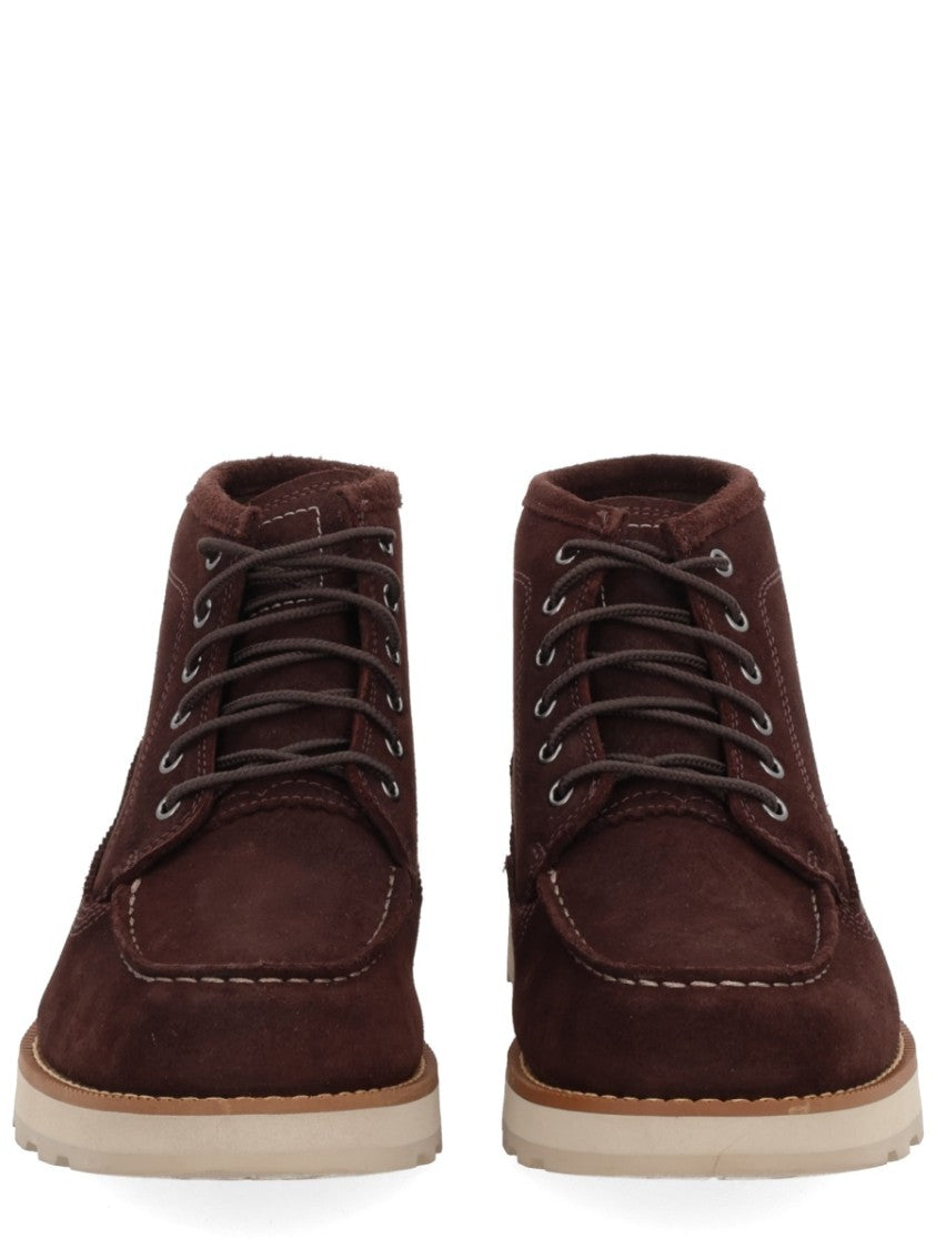 Timberland Brown Suede Boots With Moc Toe Design And Contrasting Sole