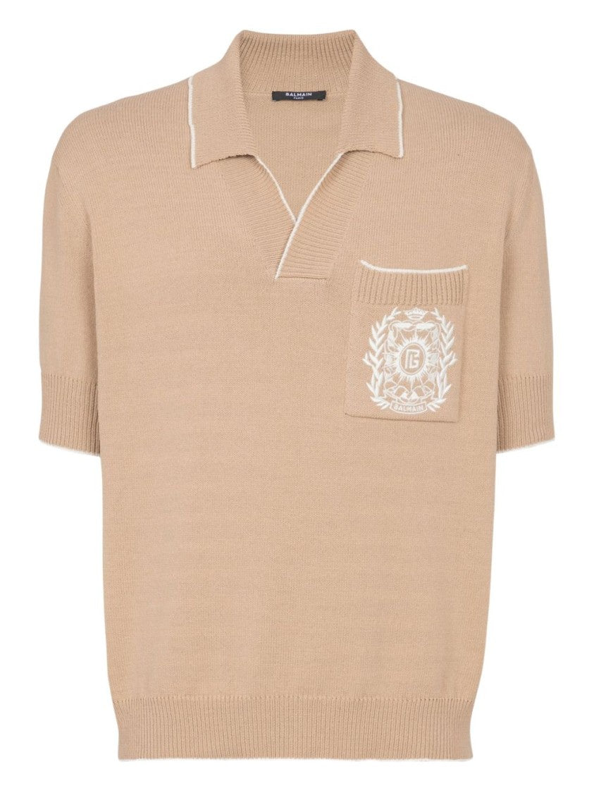 Balmain Beige V-Neck Embroidered Knit Polo Shirt
