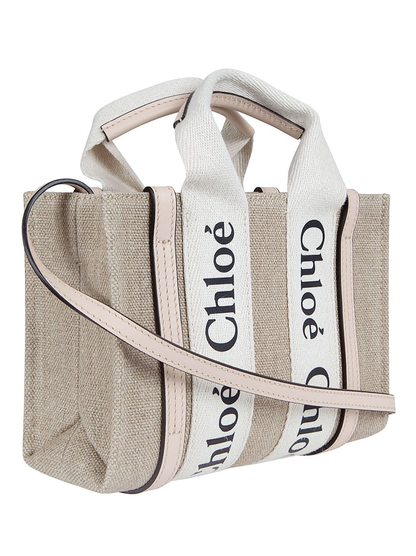 Chloé Rectangular Tote Bag In Textured Linen Canvas And Glossy Calf Leather