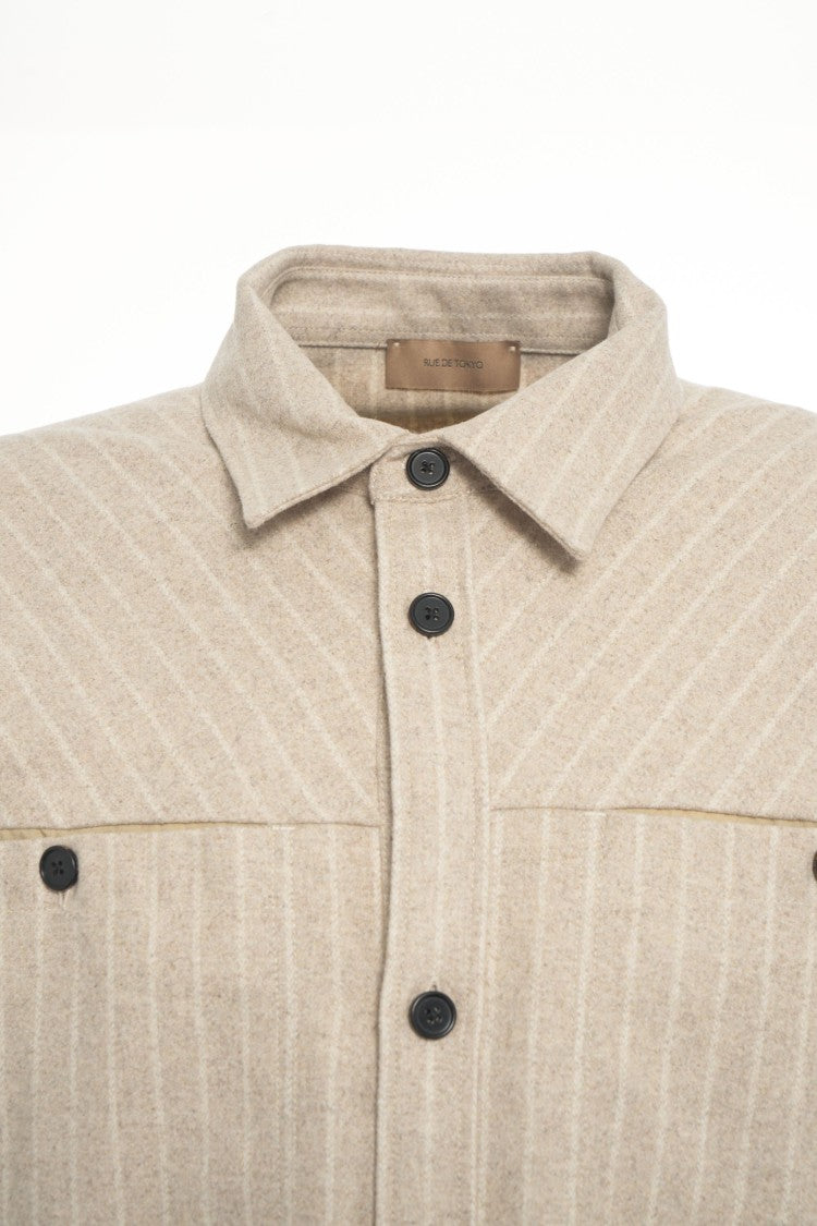 Rue De Tokyo Beige Striped Oversized Shirt Jacket With Functional Pockets