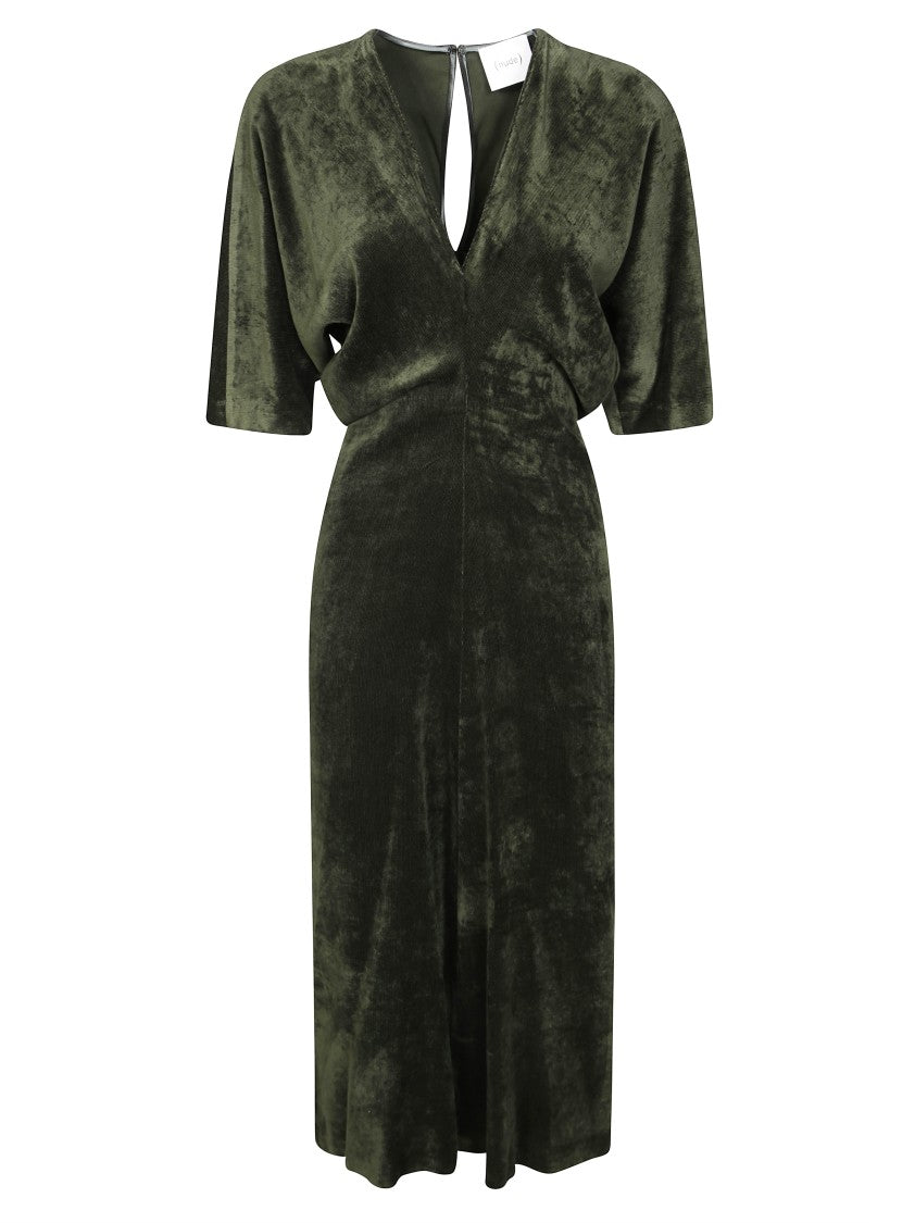 Nude Long Velvet V-Neck Dress