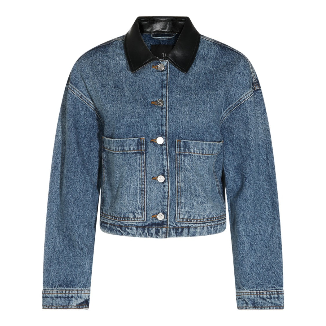 Anine Bing Cropped Denim Jacket With Leather Collar