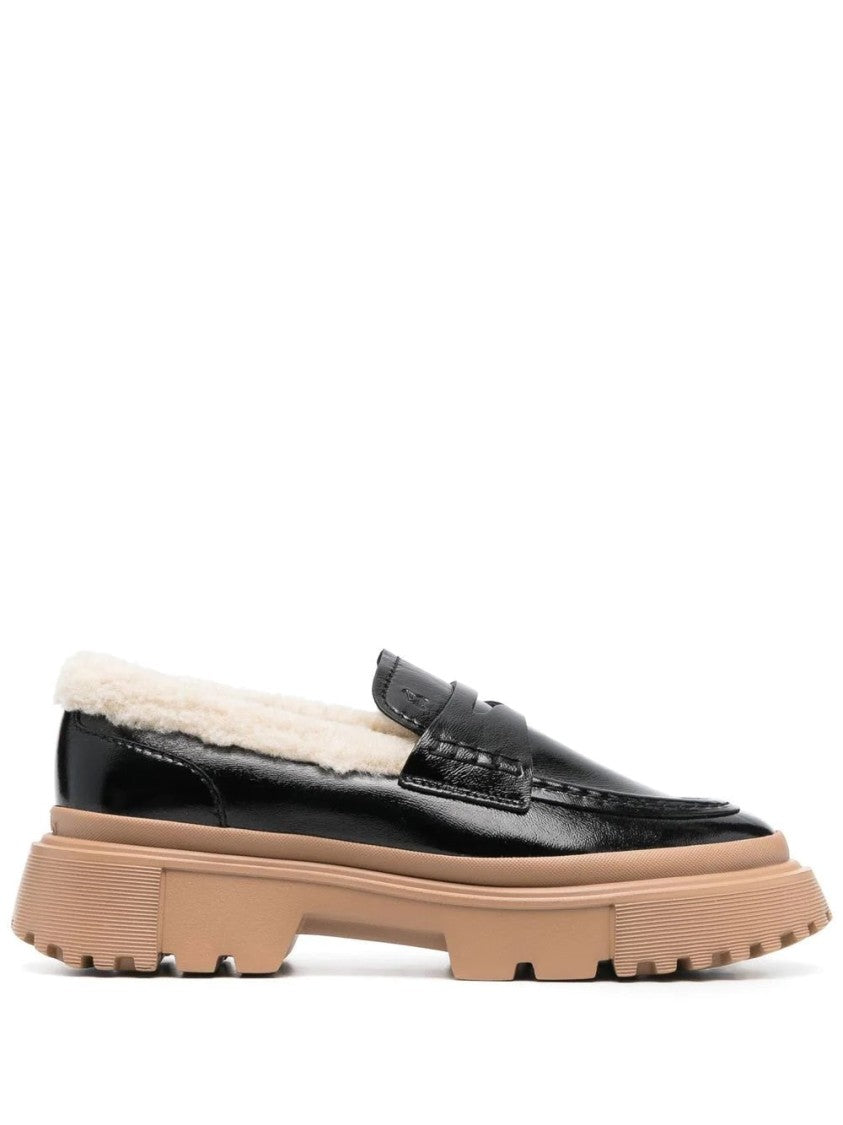 Hogan Classic Black Leather Loafers With Shearling Lining
