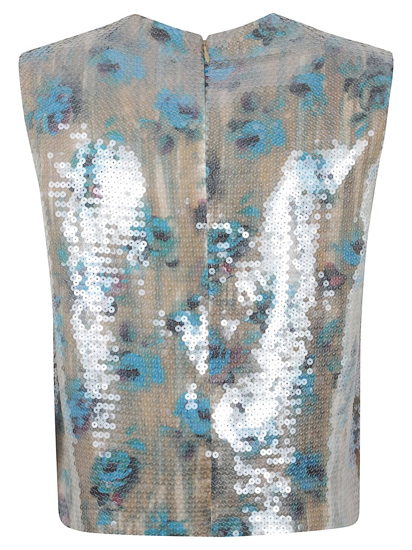 Tory Burch Sleeveless Boxy Top With Blue Rose Print And Sequins