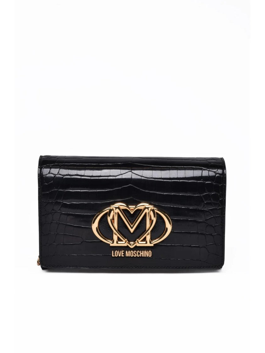 Love Moschino Crocodile-Embossed Black Shoulder Bag With Gold Logo Plaque