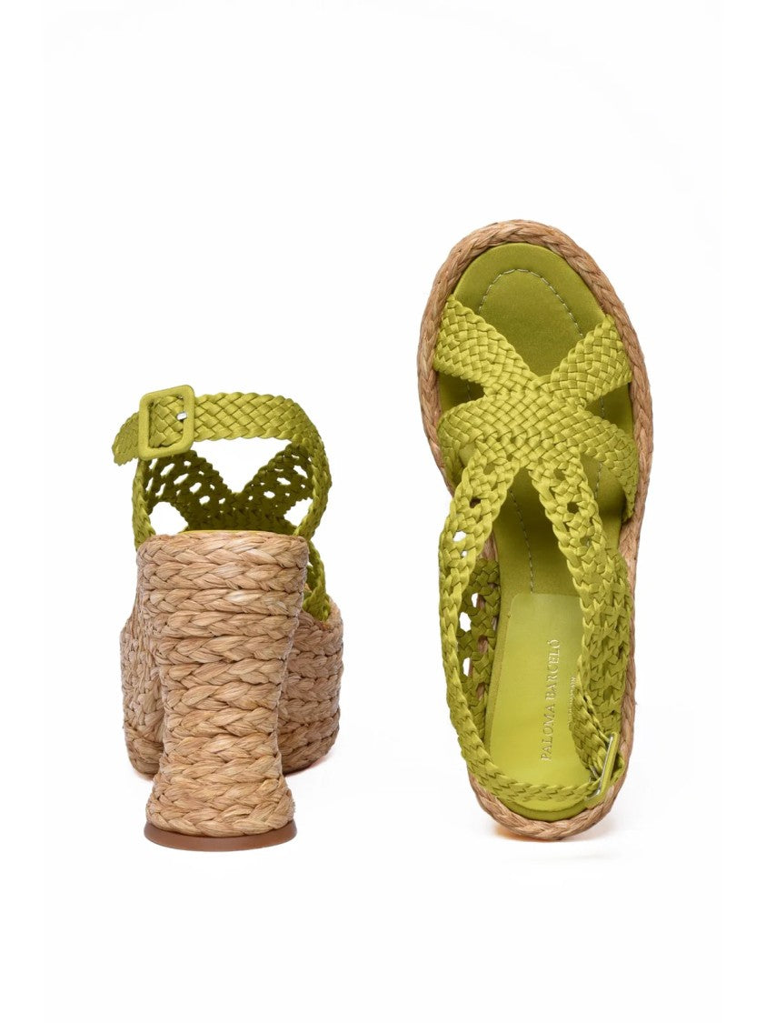 Paloma Barceló Green Woven Raffia Wedge Sandals