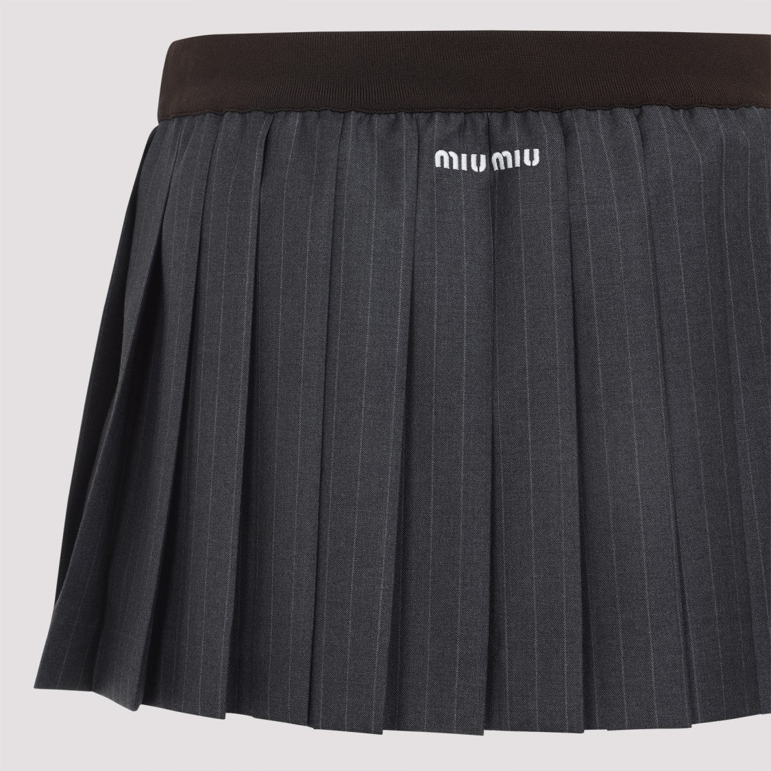 Miu Miu Ardesia Grey Virgin Wool Mini Skirt With Contrasting Waist And Embroidered Logo