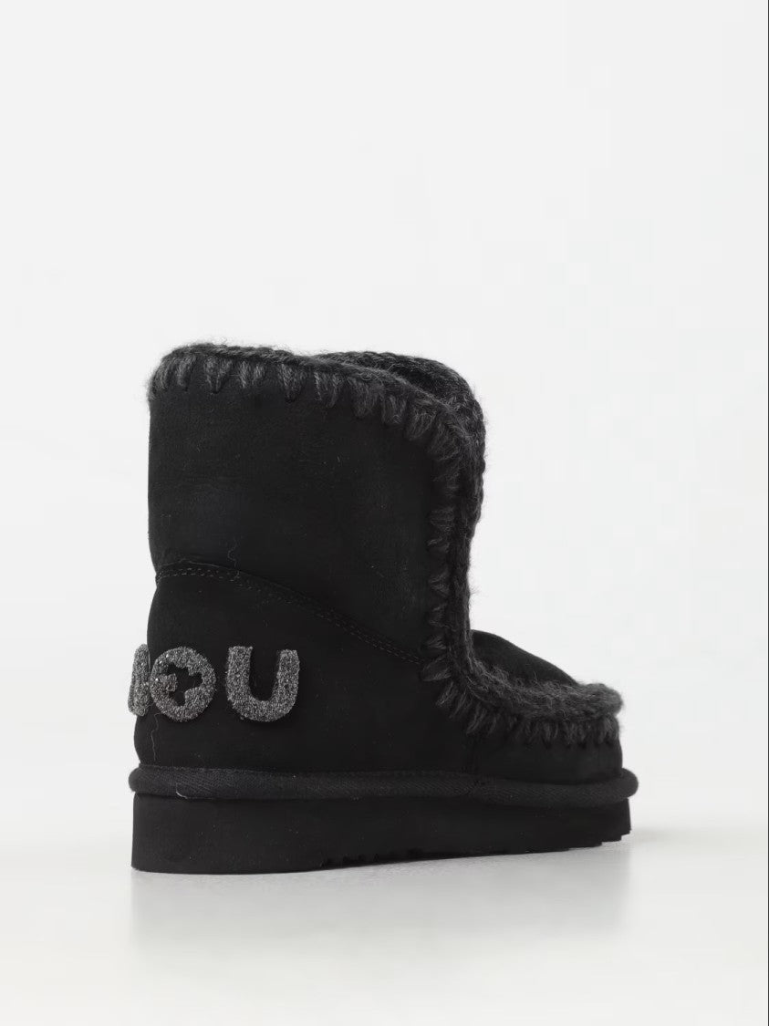 Mou Glitter-Embellished Black Sheepskin Ankle Boots