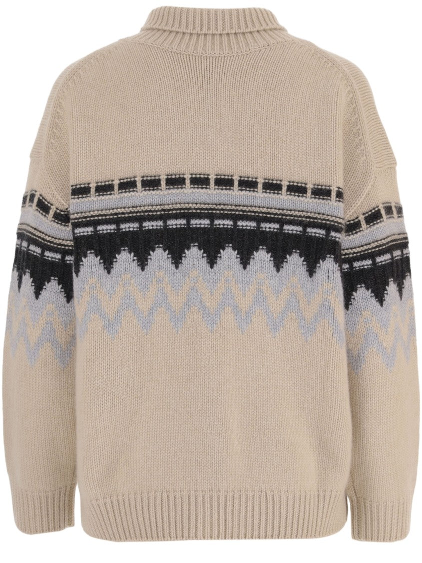 Allude Beige Geometric Pattern Cashmere Turtleneck Sweater