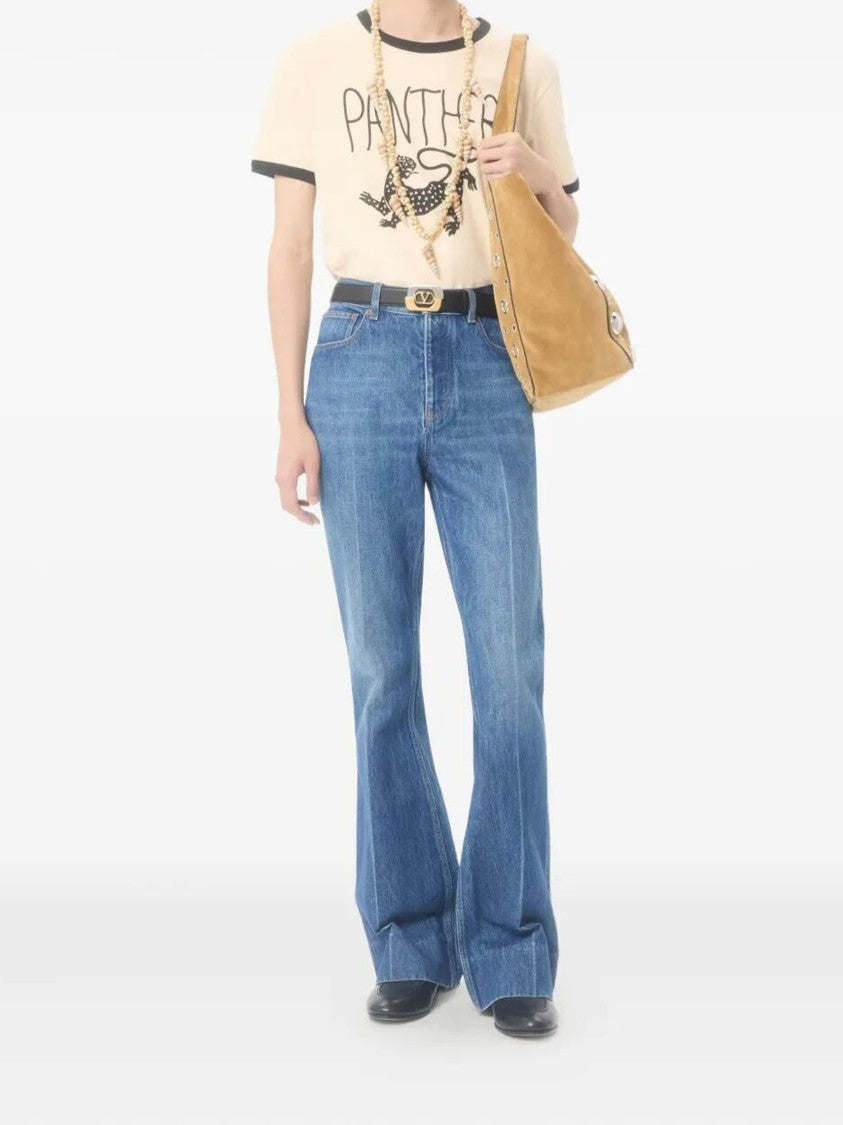 Valentino Light Beige Graphic Panther Cotton T-Shirt