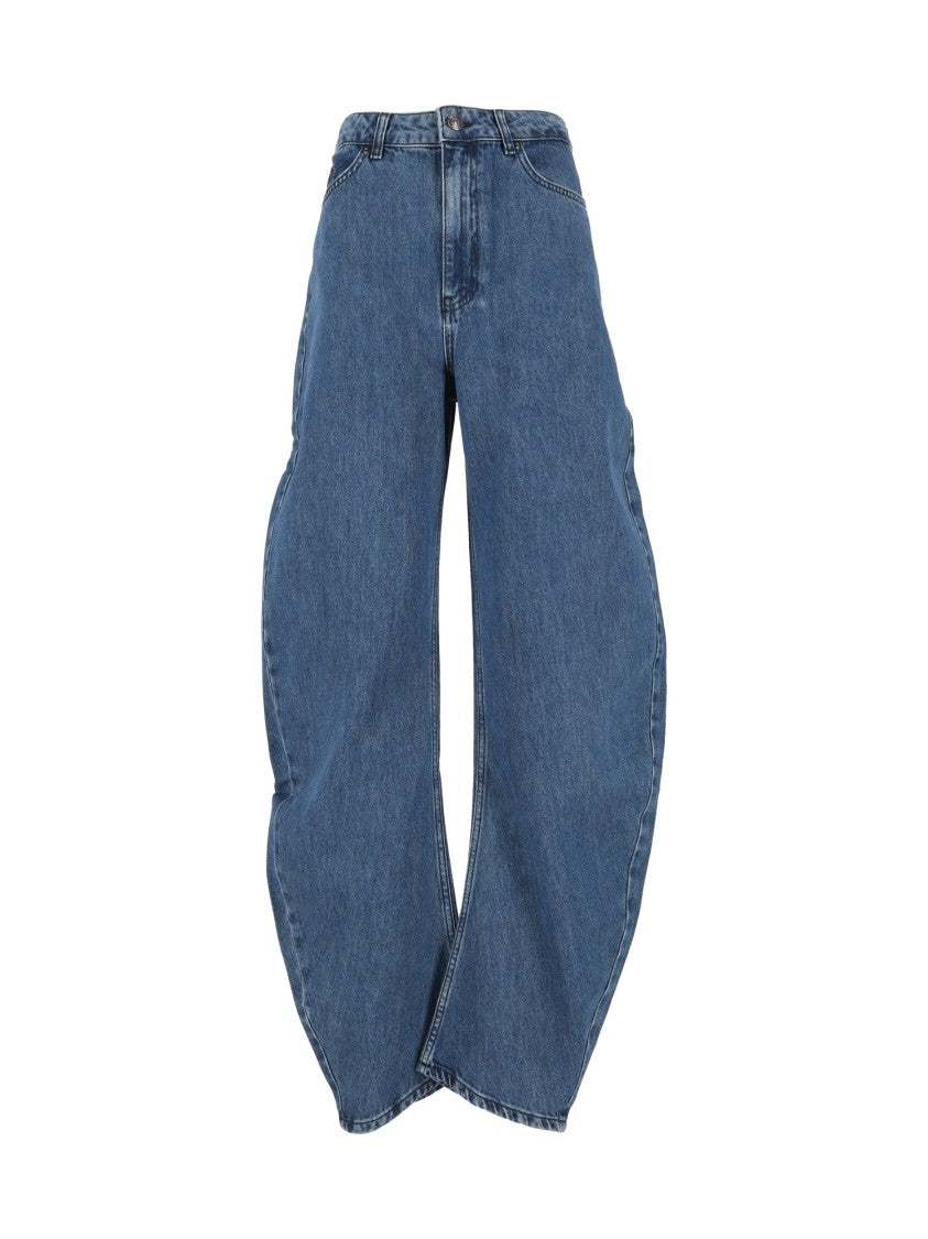Rotate Medium Blue Regular-Fit Denim Draped Barrel-Leg Jeans