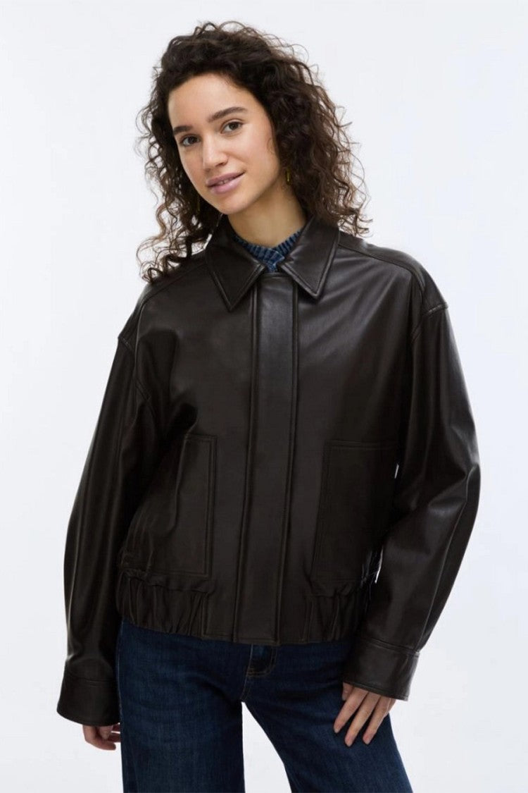 I Blues Dark Brown Glossy Cropped Bomber Jacket