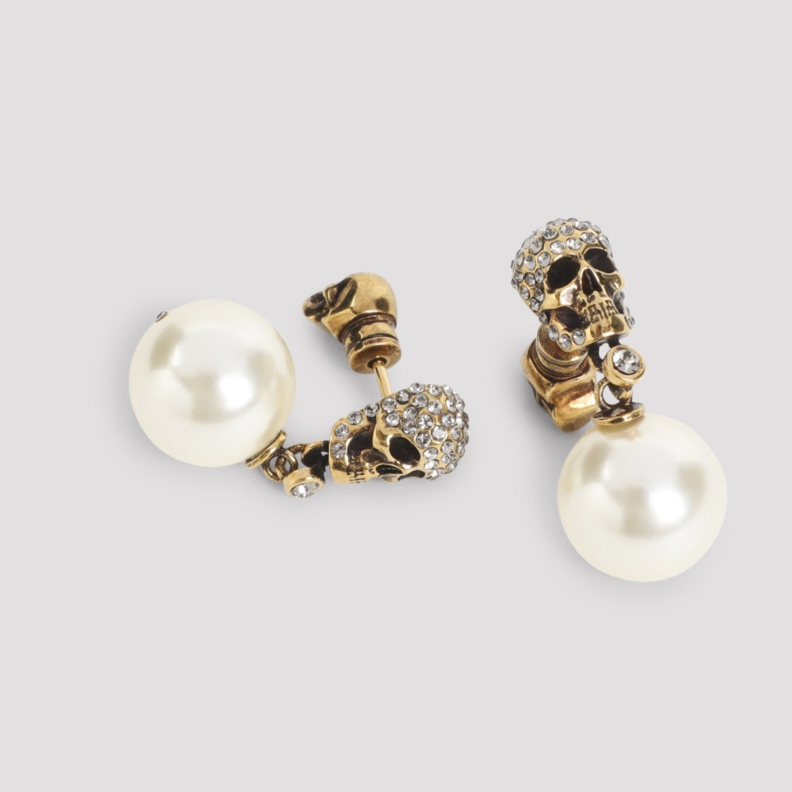 Alexander Mcqueen Brass Skull And Pearl Drop Earrings