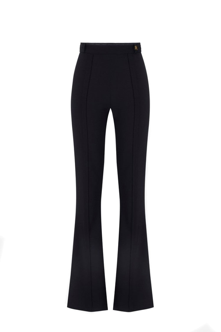 Elisabetta Franchi Black High-Waist Gold Logo Charm Polyester-Blend Flared Pants