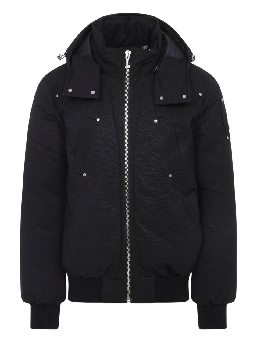 Moose Knuckles Padded Black Bomber Jacket With High Collar And Snap Fastenings