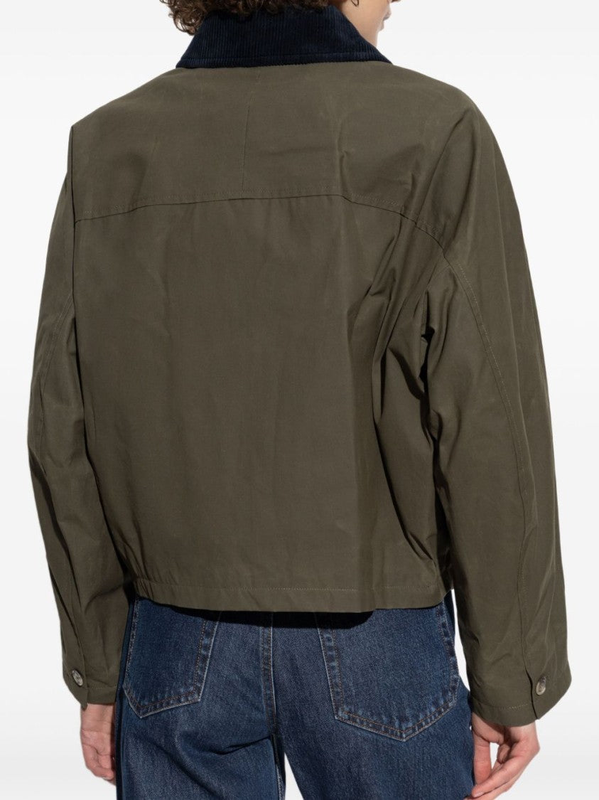 A.P.C. Cropped Olive Green Coat With Corduroy Collar