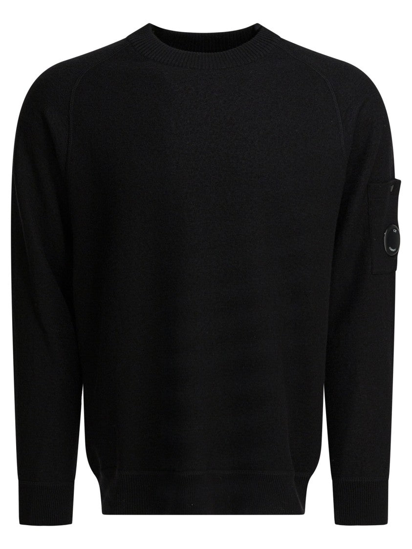 C.P. Company Black Knitwear With Distinctive Lens Patch And Ribbed Accents