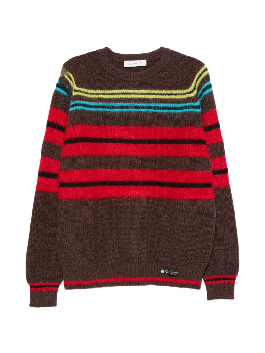 Lanvin Knitted Sweater In Rich Brown With Striped Accents