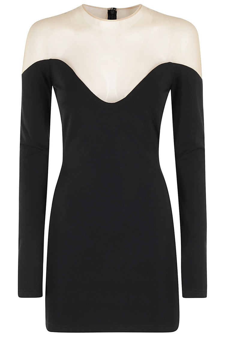 David Koma Wave Neckline Tulle Insert Long Slv Mini Dress