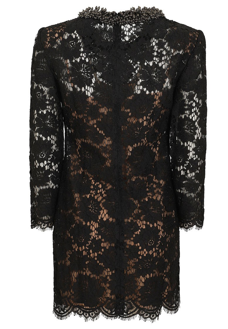 Self-Portrait Black Floral Lace Mini Dress With Beaded Neckline