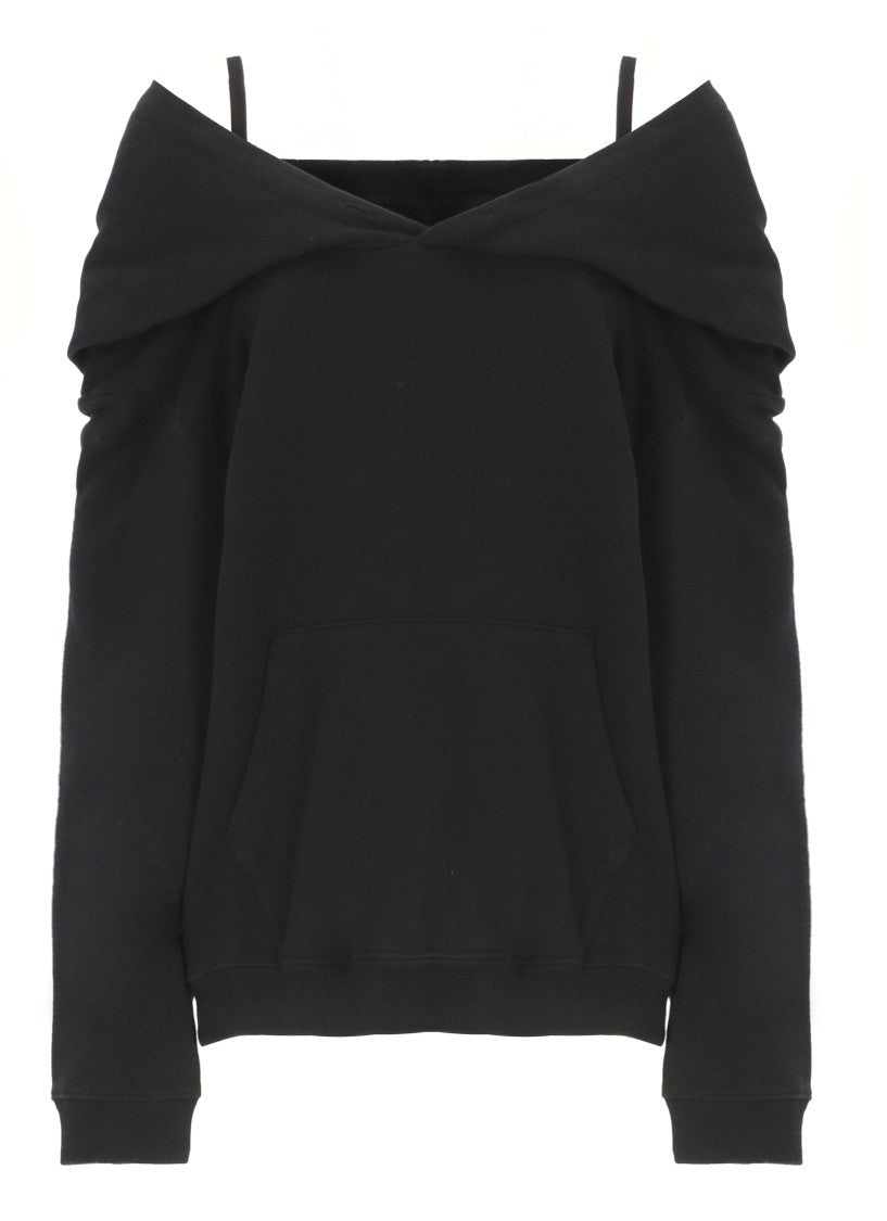 Mm6 By Maison Margiela Off-Shoulder Black Cotton Hoodie With Front Kangaroo Pocket