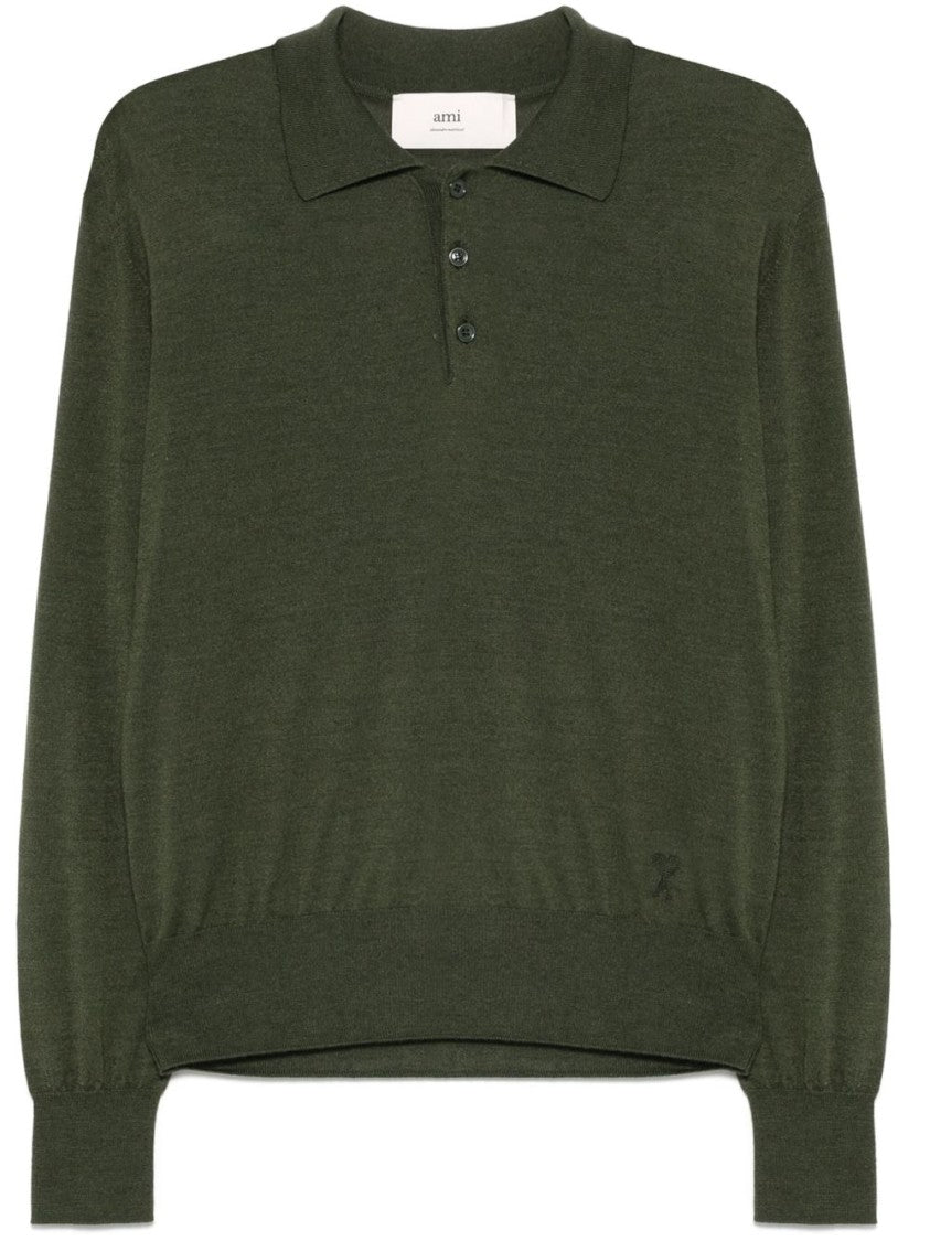 Ami Paris Moss Green Vintage Long Sleeve Polo