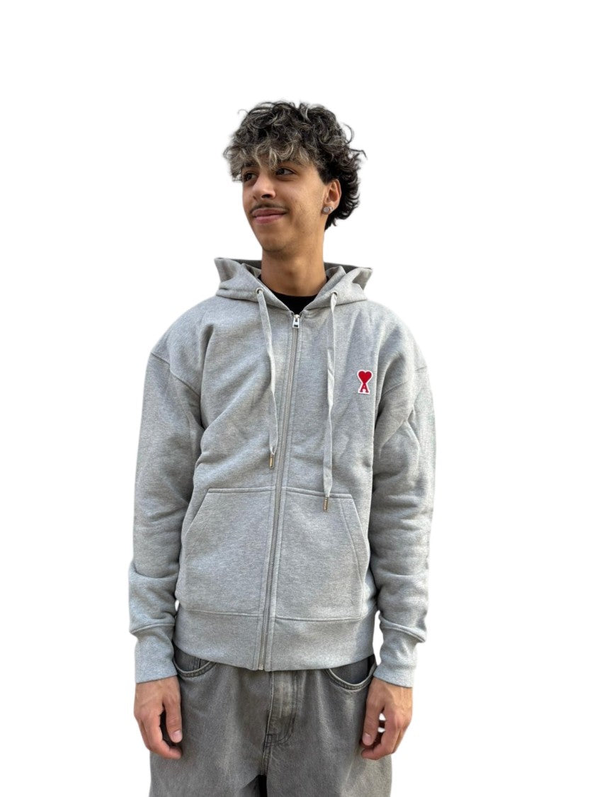 Ami Paris Zip-Up Hoodie In Organic Cotton With Drawstring Hood And Heart Logo