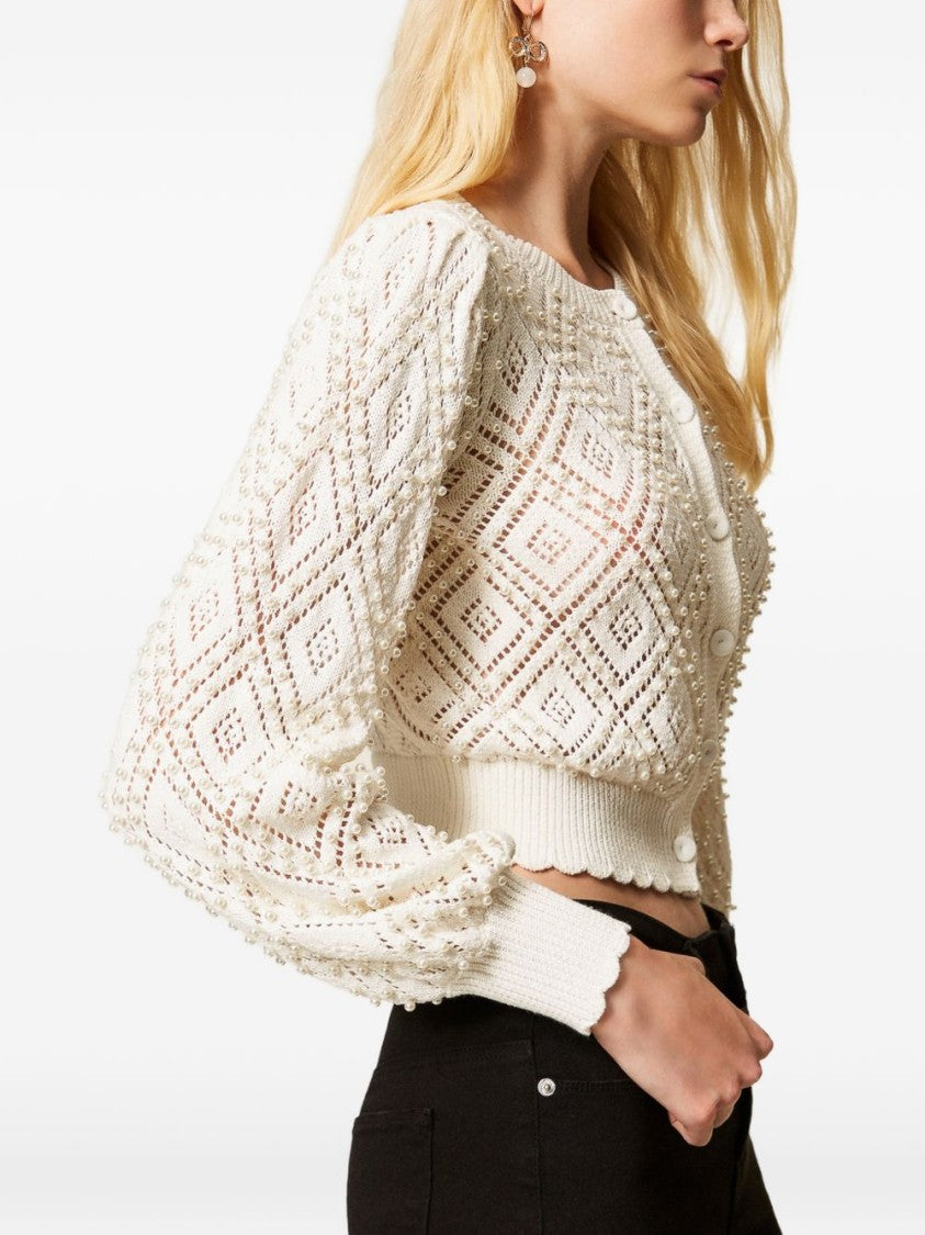 Twin-Set Cropped Knit Cardigan With Openwork Diamond Pattern And Puffed Sleeves