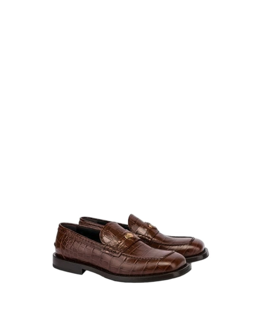 Moschino Crocodile-Embossed Brown Leather Mules With Gold Emblem