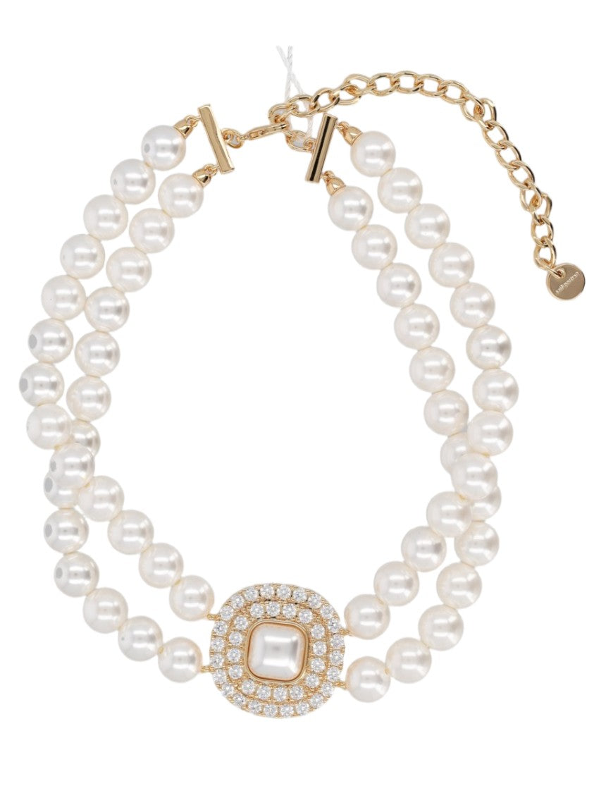 Self-Portrait Double-Strand Pearl Cubic Zirconia Toggle Gold Necklace