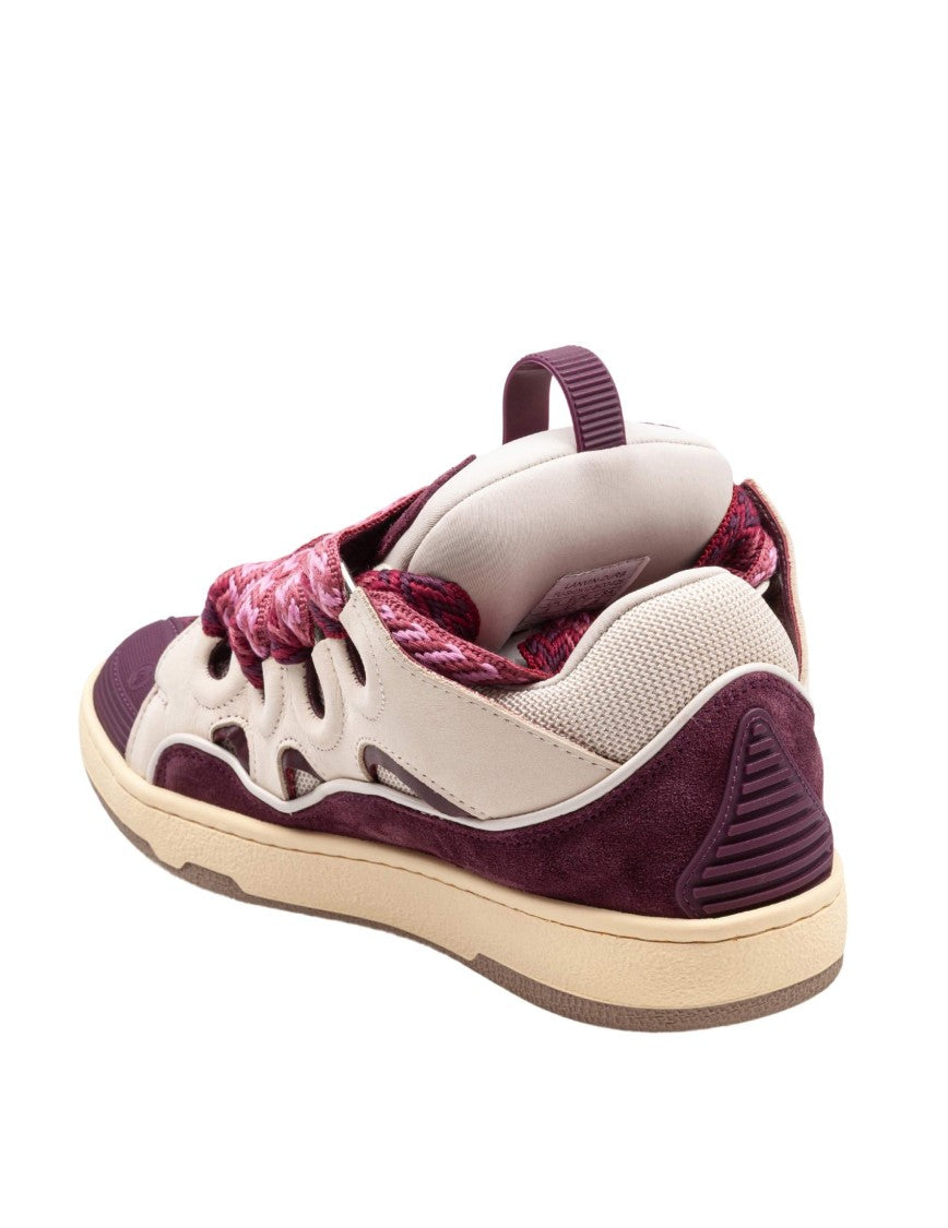 Lanvin Curb Leather And Fabric Sneakers In Beige And Burgundy