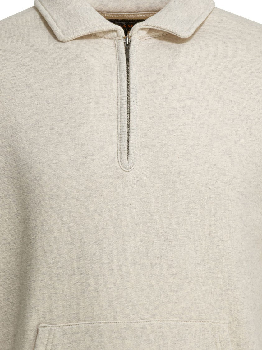 Beams Plus Half-Zip Cotton Sweatshirt With Kangaroo Pocket And Ribbed Trims