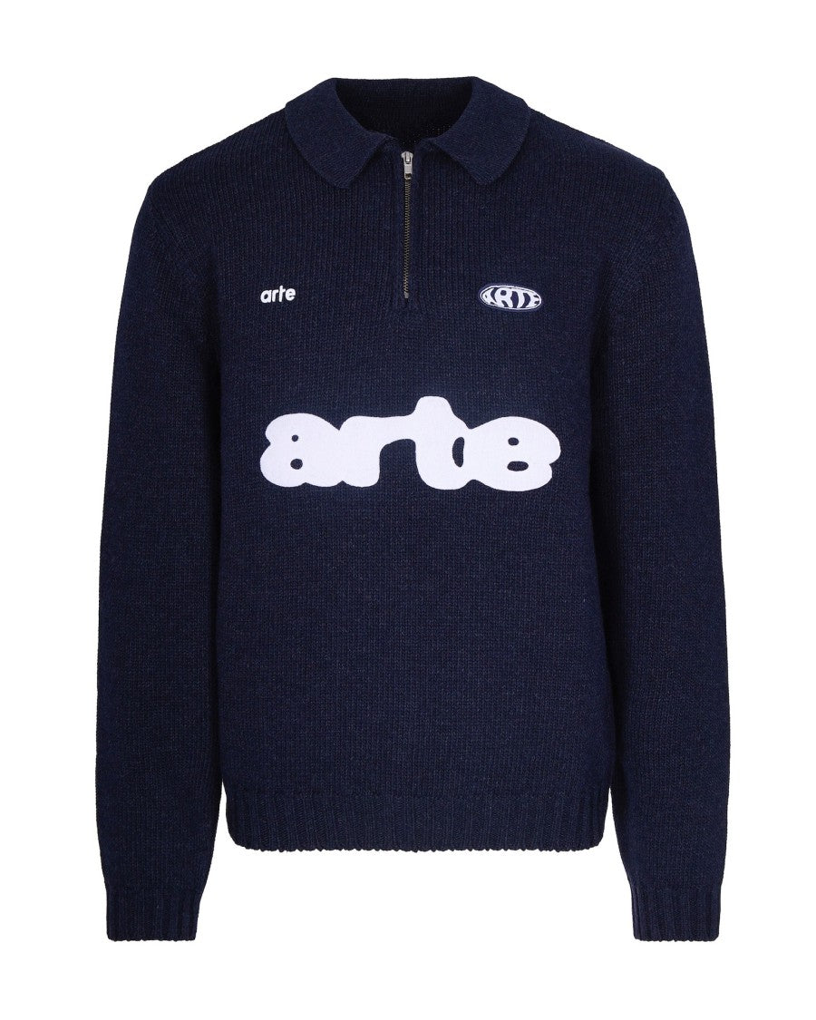 Arte Antwerp Knitted Navy Wool Blend Polo With Half-Zip Closure