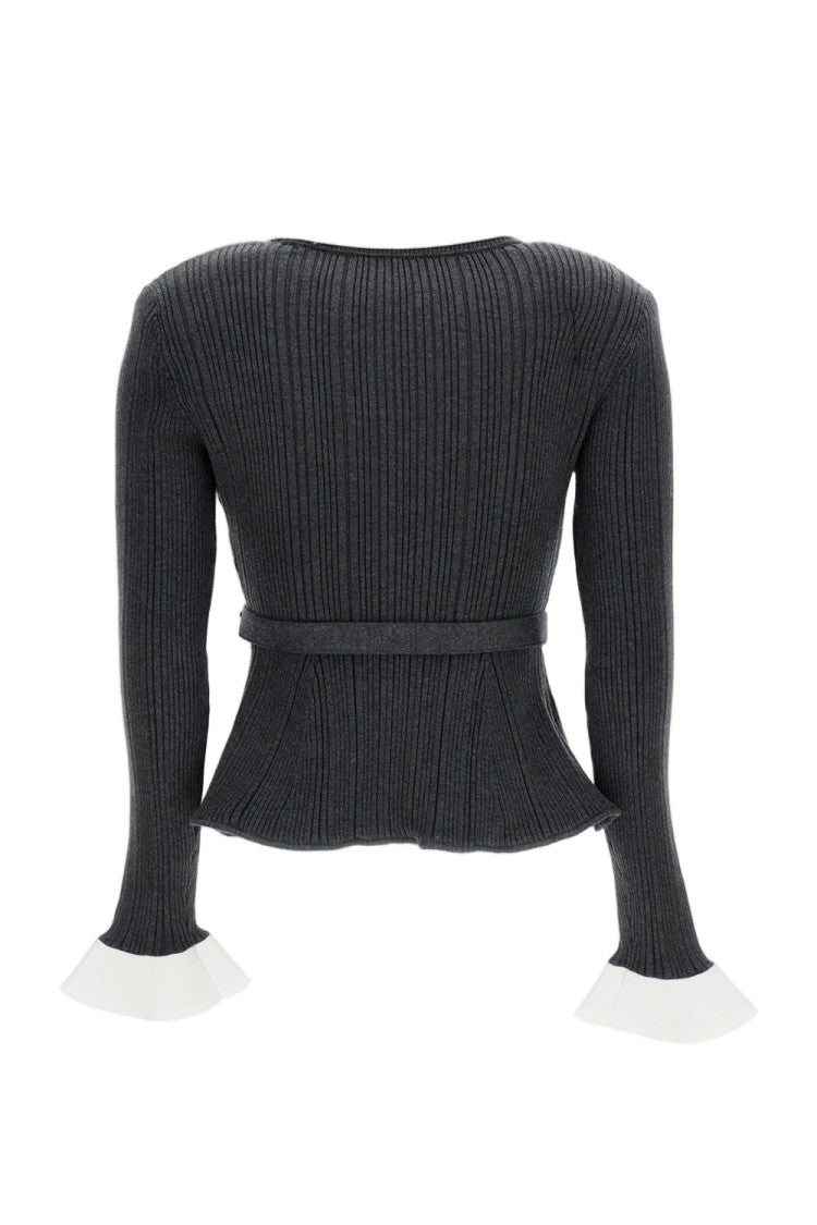 Self-Portrait Grey/White Ribbed Knit Belted Cardigan