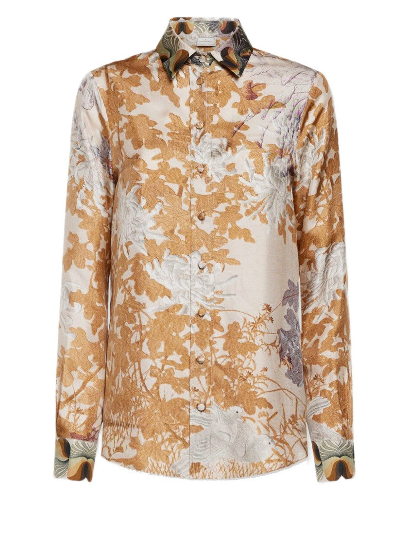 Pierre-Louis Mascia Silk Long-Sleeved Shirt With Floral Foliage Pattern