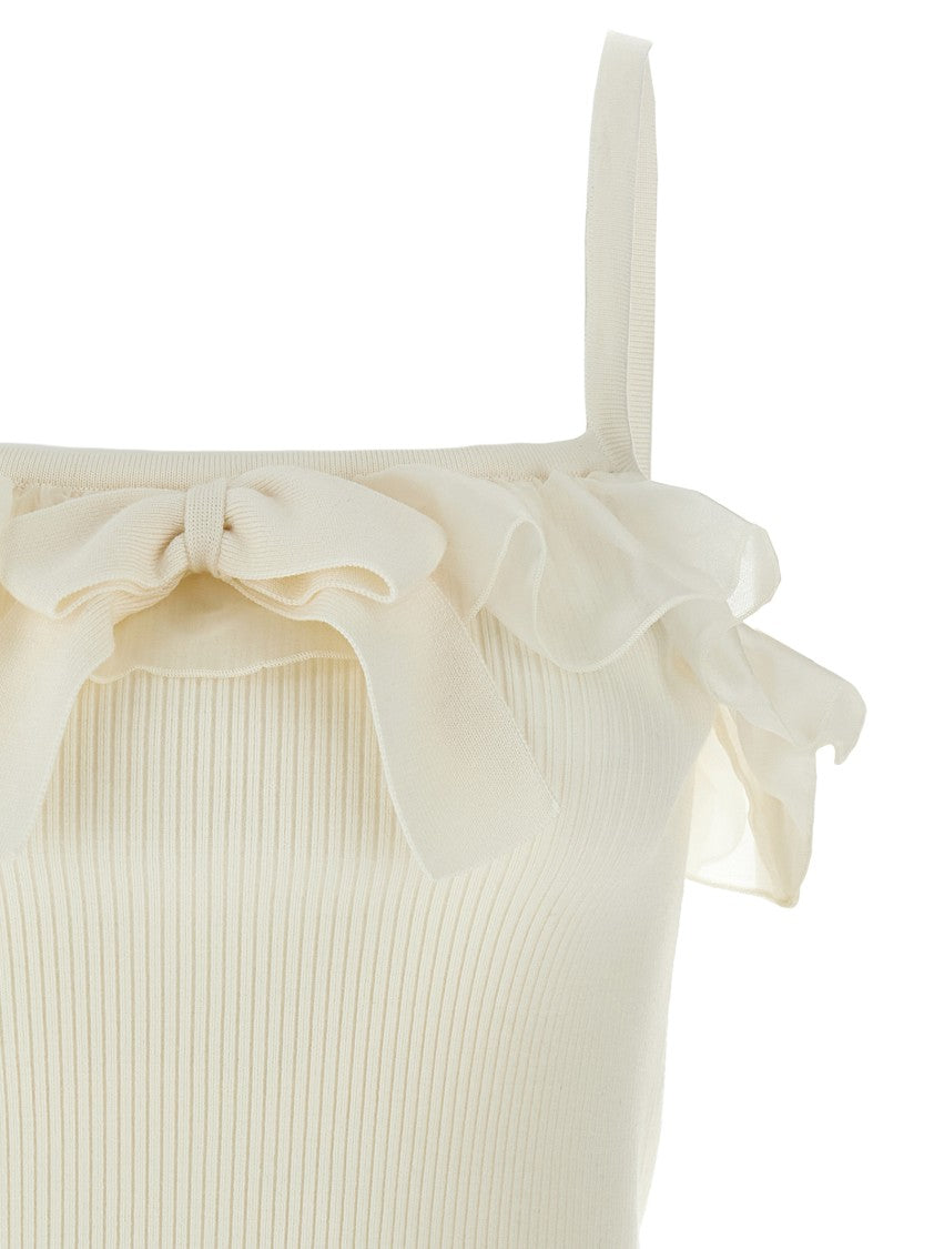 Alessandra Rich Ribbed Crop Top With Square Neckline And Ruffle Details