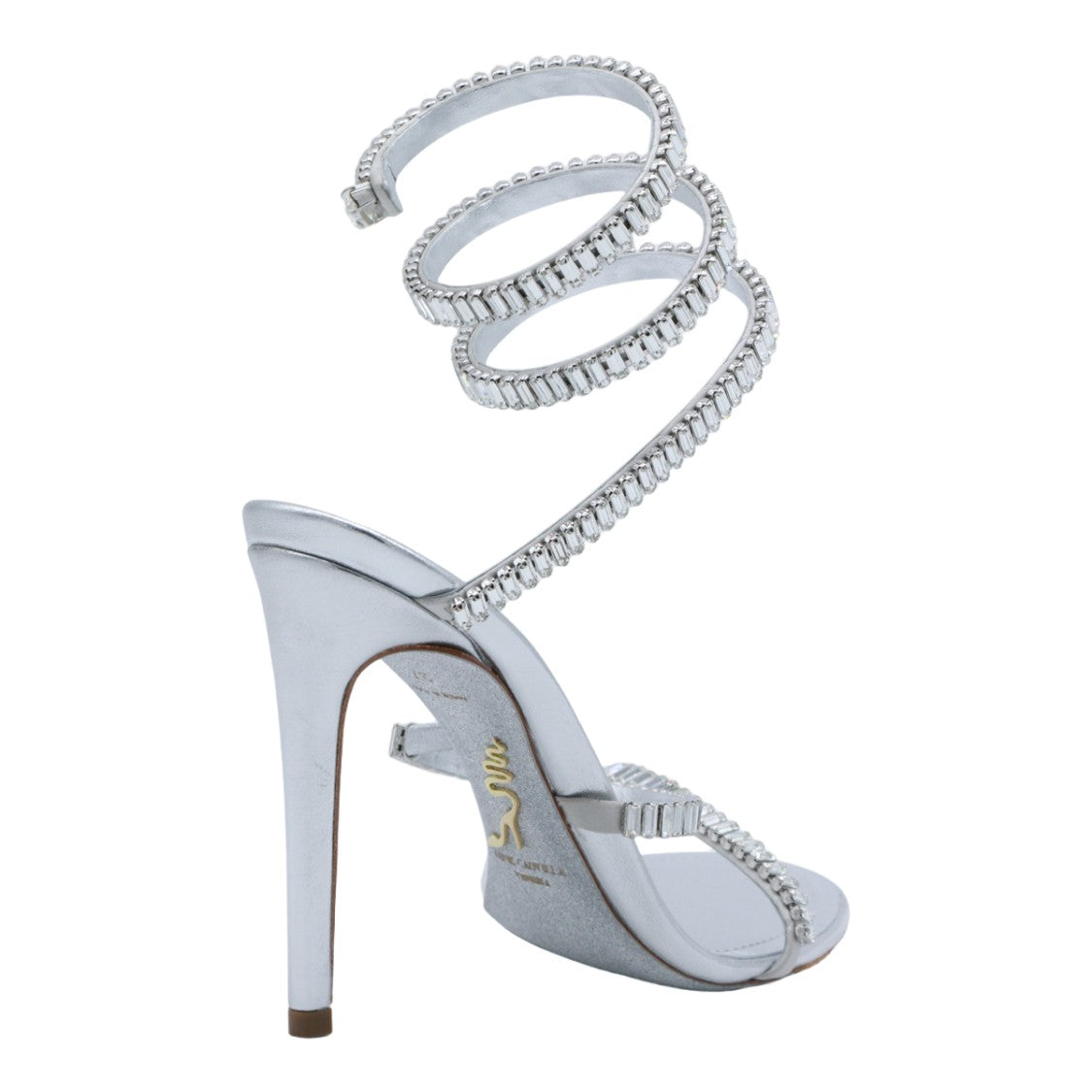 René Caovilla High-Heeled Silver Sandals With Crystal Embellishments