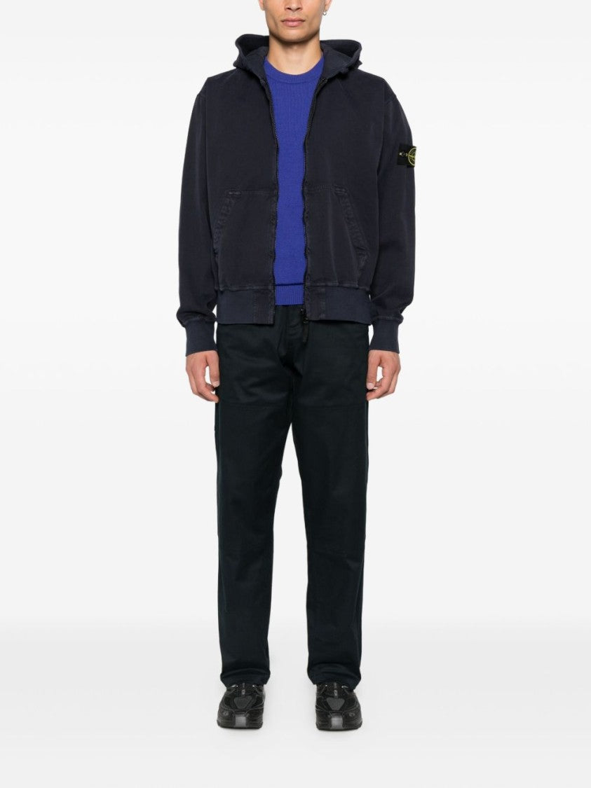 Stone Island Zip-Up Hoodie In Deep Ink Blue Organic Cotton With Logo Badge