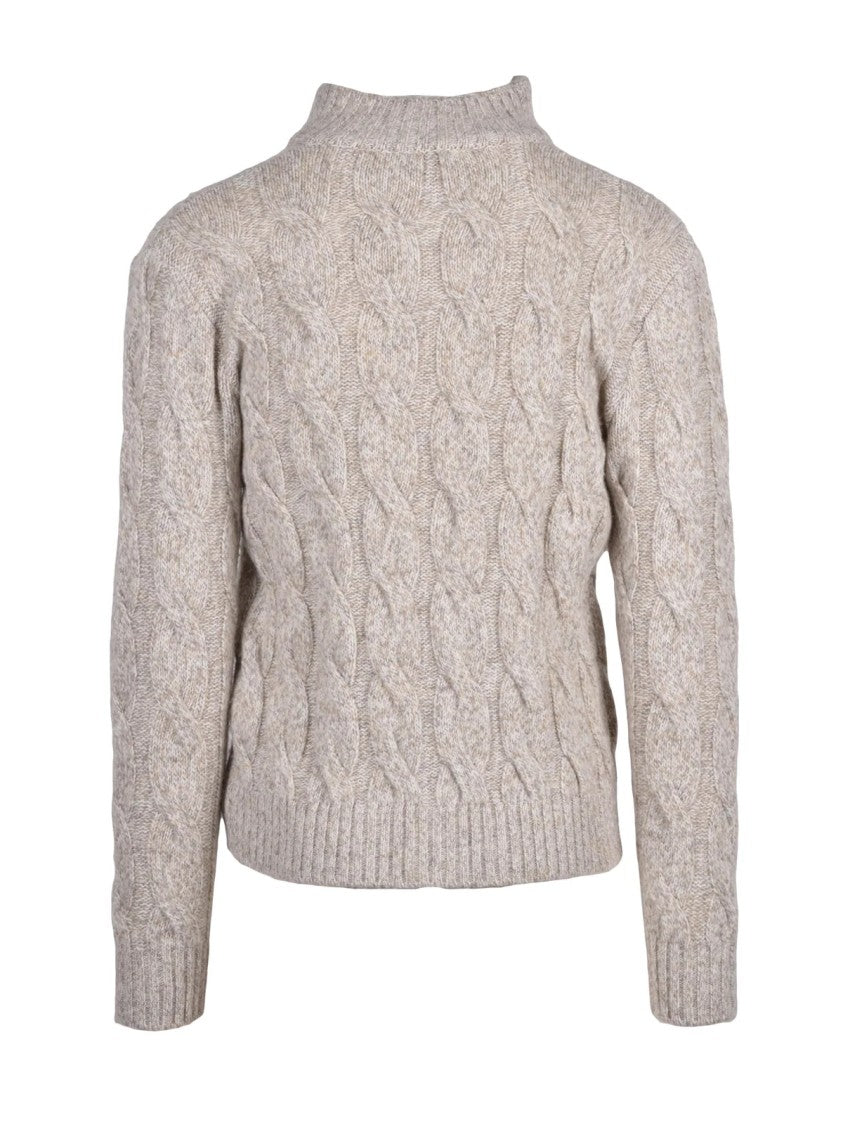 Eleventy Beige Cable Knit Button-Up Wool Cardigan